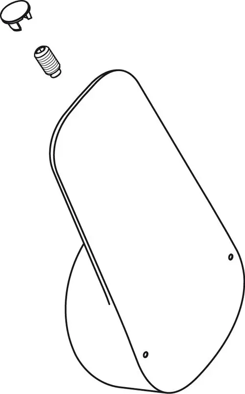 Illustration eines Ideal Standard Griff-Sets, bestehend aus einer abgerundeten Rückplatte, einem Schraubengewinde und einer Halterung, dargestellt in schematischer Darstellung.